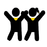 Icon depicting two children with raised arms, one featuring a ponytail, both wearing yellow neck accents, symbolizing a Kid's Club or children's activity area.