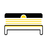 Icon of a tanning bed with a black top, yellow light lines in the middle, and white base legs, symbolizing tanning services.