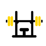 Icon of a black bench press machine with yellow weight plates on either side, symbolizing strength equipment or weightlifting facilities.