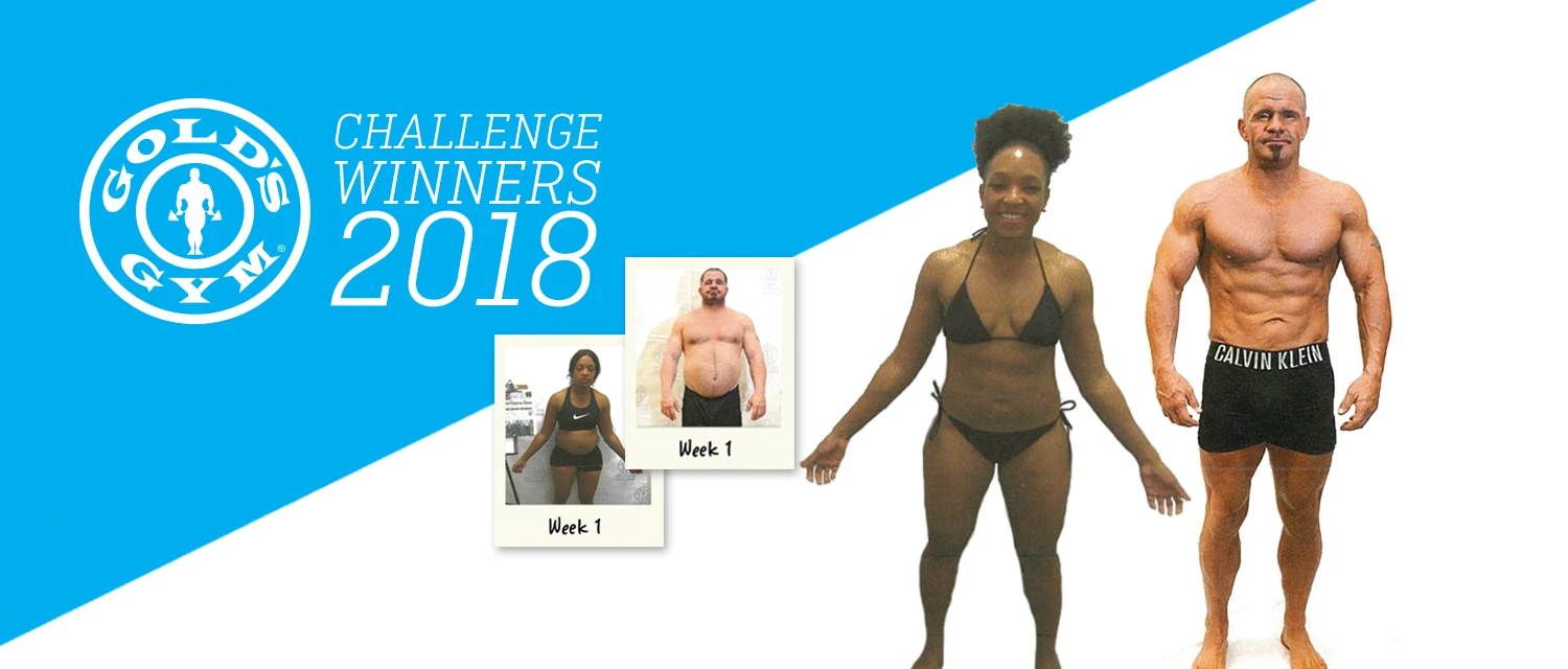 The image shows the winners of a fitness challenge in 2018, with two individuals in the foreground displaying their physiques and a banner in the background announcing the "Challenge Winners 2018".