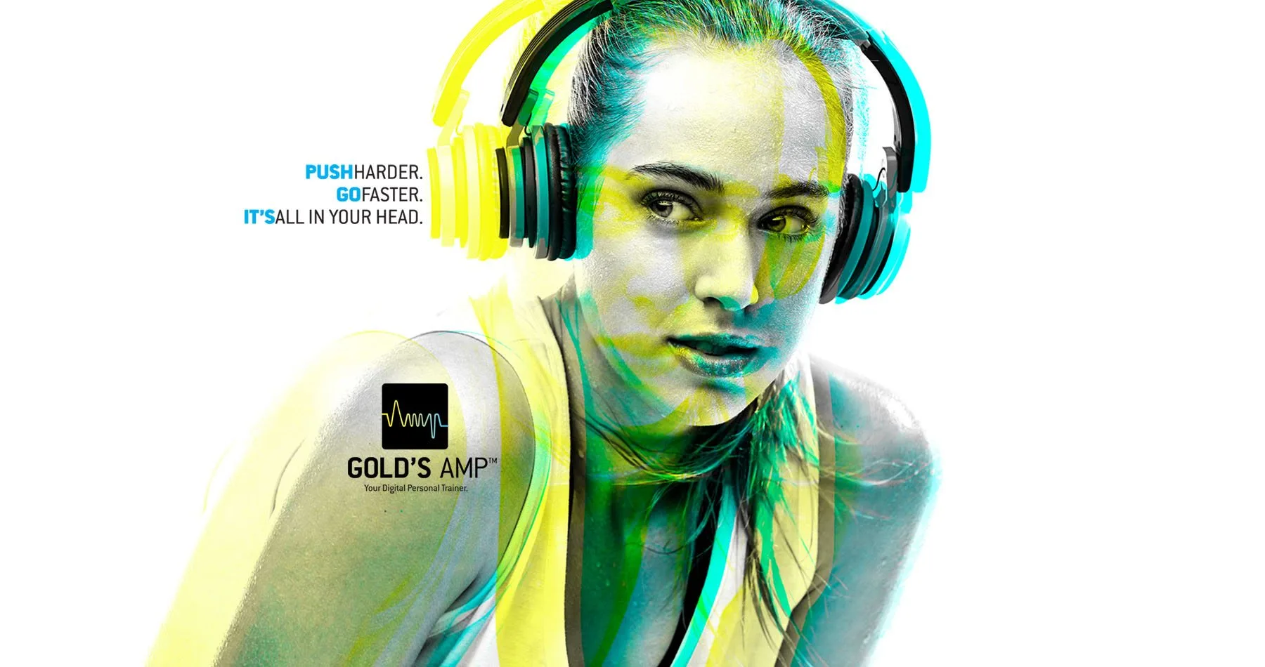 A woman with vibrant, multicolored hair wearing large headphones stands in front of a white background, her expression intense and focused.