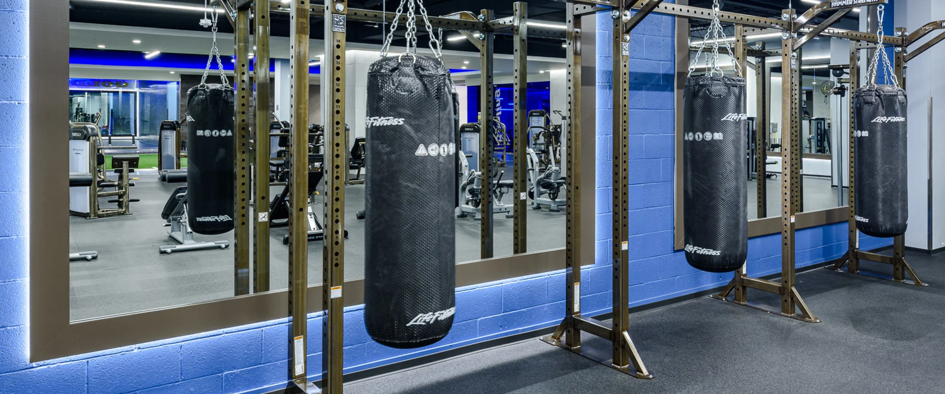 Boxing area at Gold’s Gym Thousand Oaks, featuring multiple black Life Fitness punching bags suspended from a sturdy Hammer Strength frame. The space is lined with large mirrors framed by blue accent walls. Overhead LED lighting illuminates the area, reflecting off the gym's strength training equipment visible in the background. The floor is covered in rubber gym flooring for impact absorption.
