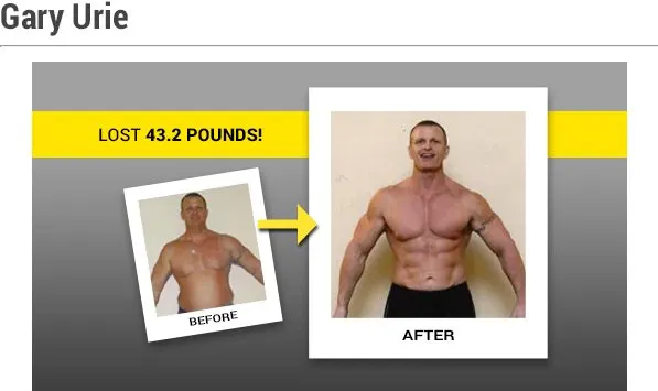 The image shows a man's before and after transformation, with the "before" image on the left and the "after" image on the right. The man appears to have lost a significant amount of weight, as indicated by the text "LOST 43.2 POUNDS!" displayed prominently in the center of the image.