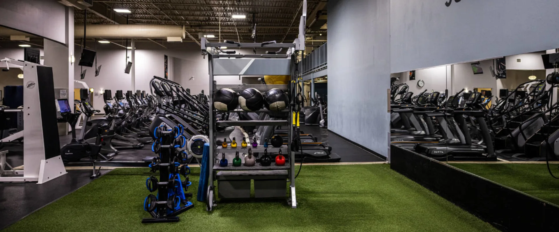 Turf training area at Gold’s Gym in Woodbridge (Lake Ridge), featuring a storage rack with kettlebells, medicine balls, resistance bands, and foam rollers. A dumbbell rack sits nearby, while treadmills and cardio machines line the mirrored wall in the background. The turf flooring provides space for functional and agility training.