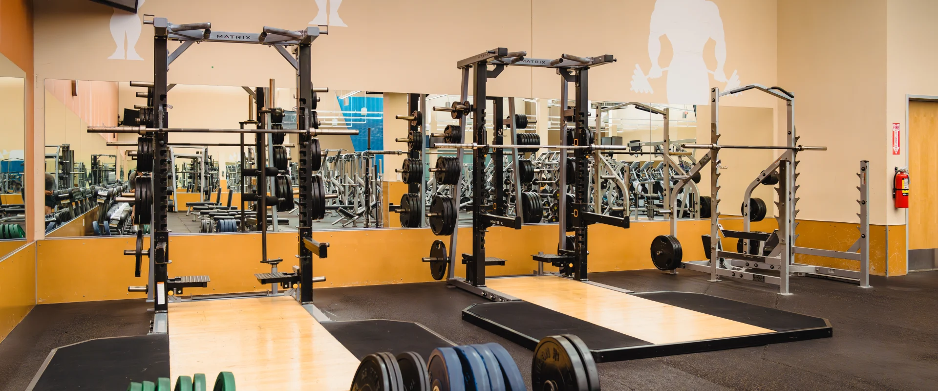 Olympic lifting platforms with two racks holding barbells and weight plates, positioned on wood and rubber surfaces. Green and black weight plates are stacked on a nearby storage rack. A mounted TV and silhouette wall designs of weightlifters are visible above, with large mirrors reflecting gym equipment.