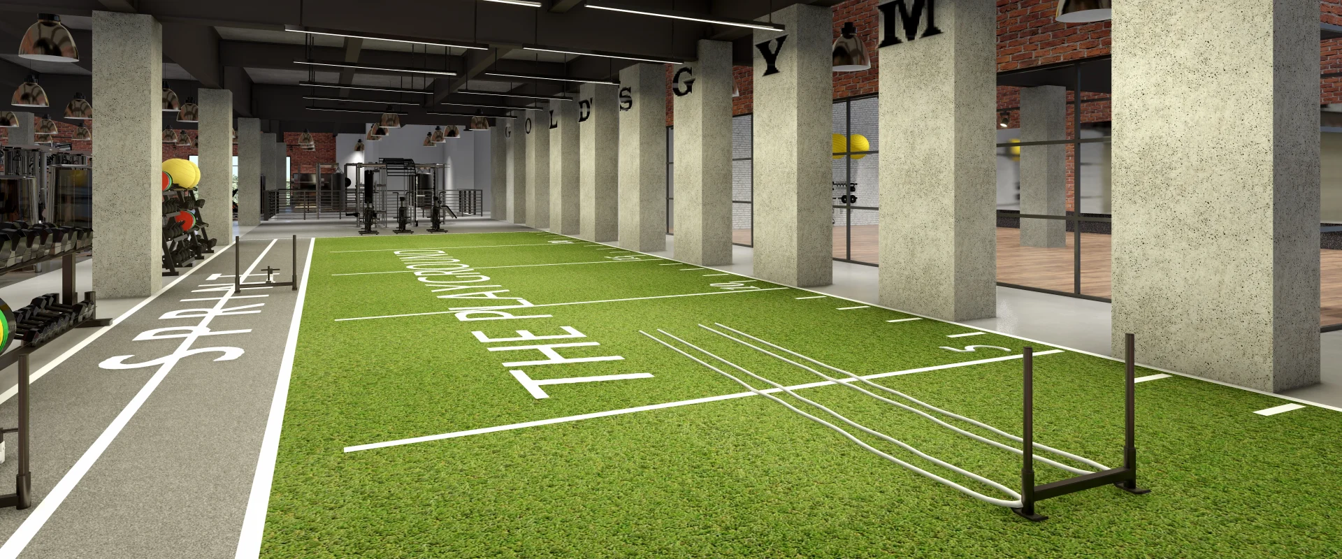 Rendering of the turf training area at Gold’s Gym Los Angeles (Beverly Center), featuring a vibrant green turf marked with sprint lanes and agility drills. The open-concept space is framed by tall concrete pillars, with “Gold’s Gym” lettering adding a bold visual element. Overhead industrial lighting and exposed brick accents enhance the modern aesthetic. Functional training equipment, including sleds and medicine balls, is arranged for dynamic workouts. Large windows provide a glimpse into an adjacent studio space, while strength training machines and free weights are visible in the background. This digital rendering previews the planned design for the upcoming location.