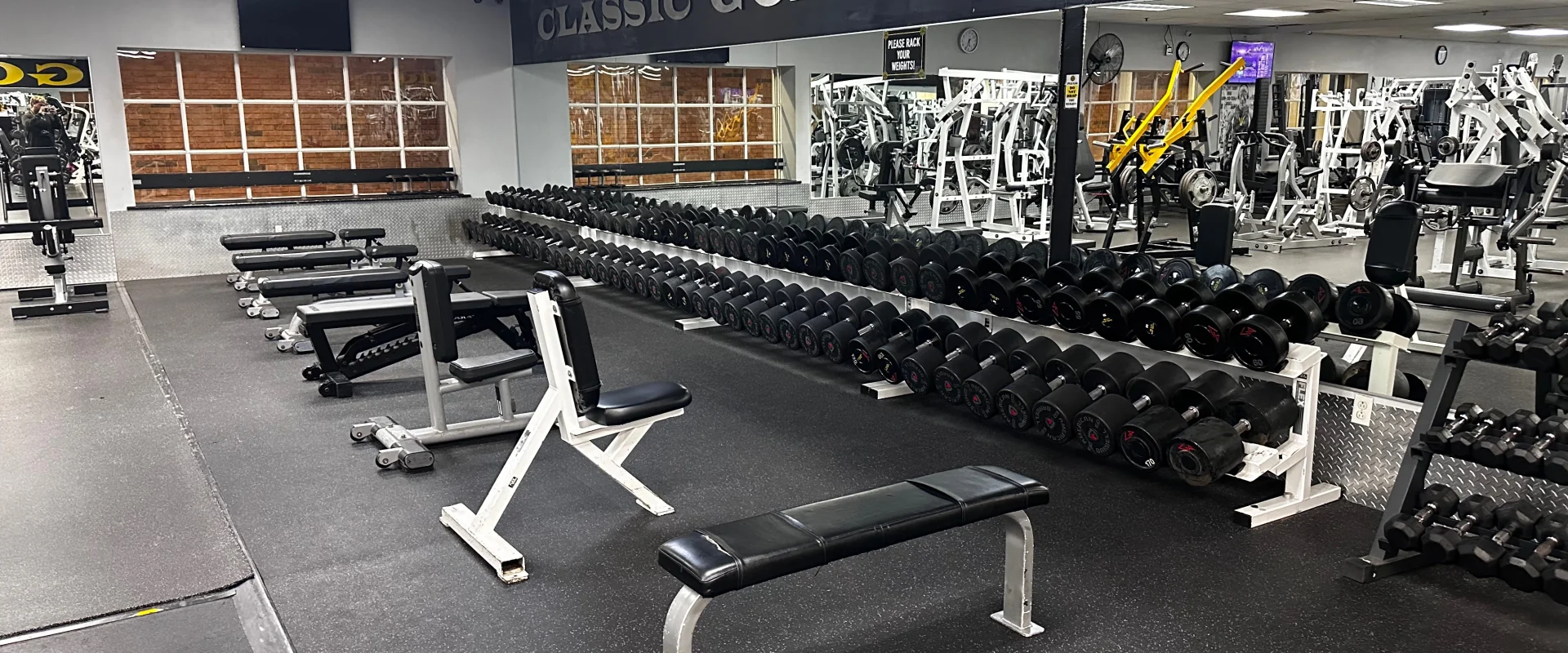 Dumbbell section at Gold’s Gym New Jersey, Bridgewater, featuring a long rack of various dumbbells organized by weight. Several black padded benches are placed in front of the dumbbell rack for seated or lying exercises. The flooring is black rubber, and large mirrors line the wall, reflecting the extensive selection of free weights and other gym equipment. A "Classic Gold’s" sign hangs above, reinforcing the gym’s legacy in bodybuilding and strength training. Additional weightlifting machines and a squat rack are visible in the background.