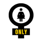 Icon of a black female gender symbol with a silhouette of a woman inside the circle and the word 'ONLY' in yellow, symbolizing a women-only space or facility.