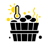 Icon featuring a yellow sun, a thermometer, and steam rising from a bowl, symbolizing a steam room or heated wellness environment.
