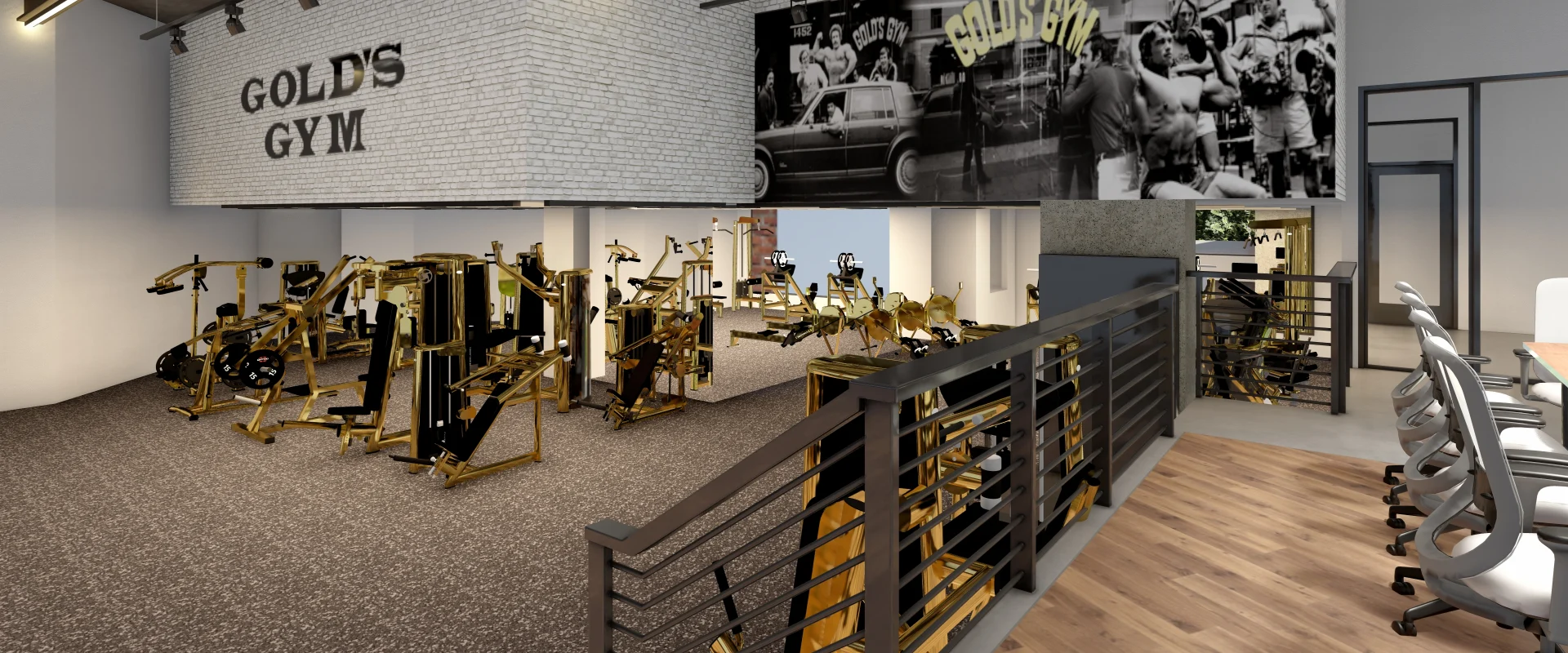 Rendering of the machine weights area at Gold’s Gym Los Angeles (Beverly Center), featuring an array of gold-accented strength training machines arranged on a textured rubber floor. A white brick feature wall with the Gold’s Gym logo adds a classic touch, while a large black-and-white mural showcases the gym’s bodybuilding legacy. Overhead industrial lighting highlights the open, multi-level layout, with a sleek railing separating the weight floor from an office and seating area. This digital rendering previews the planned design for the upcoming location.