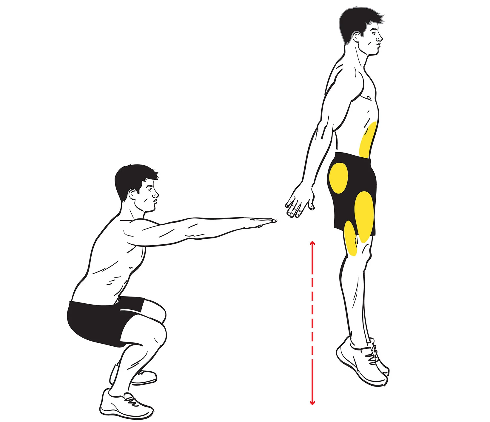 The image depicts two male figures, one in a squatting position and the other standing upright. The figures are outlined in black, with the standing figure's legs highlighted in yellow.