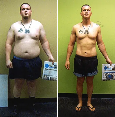 The image shows a man's physical transformation, with the before and after photos displaying a significant change in his body composition and appearance.
