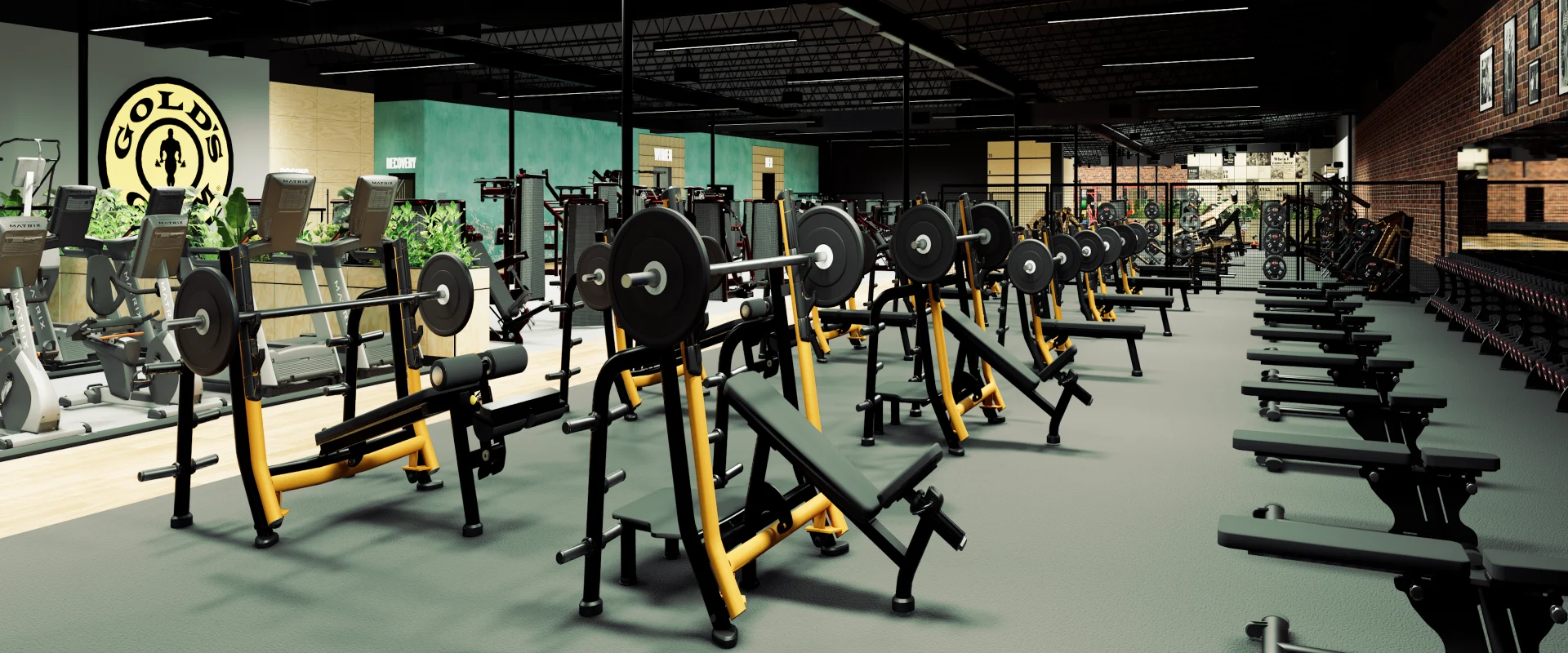 A dumbbell area featuring dumbbells and mobile benches in the front with 2 rows of various methods of benches behind that are plate loaded