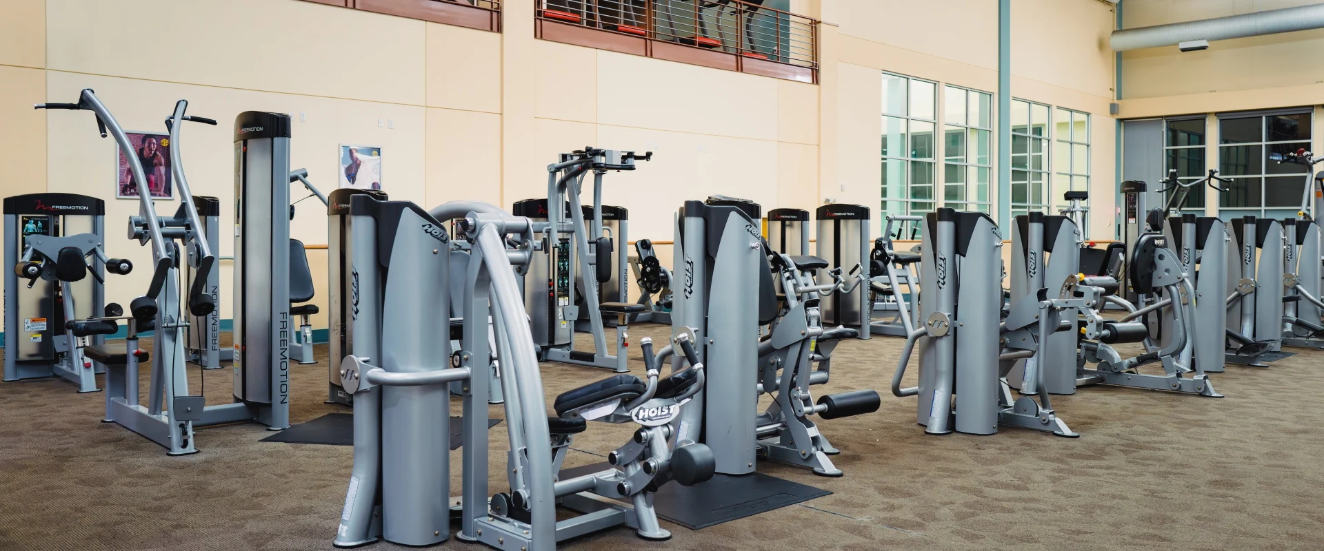 Spacious gym interior with various exercise machines on a carpeted floor. High ceiling and large windows create a bright, open atmosphere.
