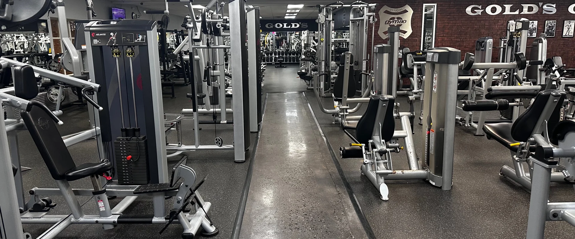 Machine weights at Gold’s Gym New Jersey, Bridgewater, arranged along a central walkway. The area includes strength-training machines targeting various muscle groups, featuring padded seats, weight stacks, and adjustable settings. The gym has dark rubber flooring and a brick accent wall displaying Gold’s Gym branding and vintage bodybuilding photos. Overhead lighting illuminates the space, with additional free-weight equipment visible in the background.