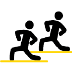 Icon of two persons in a lunge position, each on a yellow horizontal line, symbolizing small group training or fitness classes.