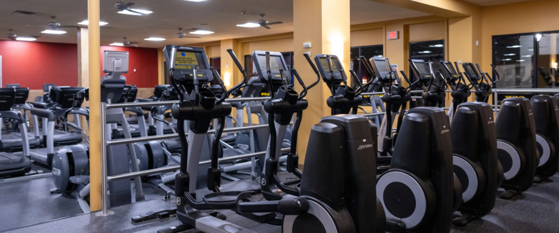 Cardio equipment at Gold’s Gym New York (East Northport), featuring rows of elliptical machines with built-in digital screens. The spacious layout includes treadmills in the background, set against warm yellow and red accent walls. Overhead lighting and ceiling fans provide a bright, comfortable workout environment, with large mirrors reflecting the open fitness floor.