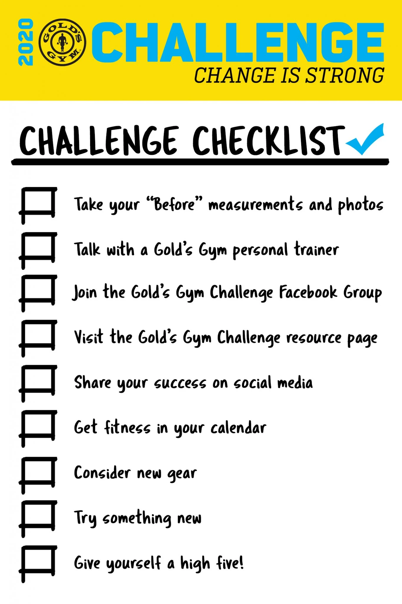 The image shows a checklist for a fitness challenge, with various tasks such as taking measurements, talking to a personal trainer, joining a Facebook group, and trying something new.