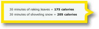 The image displays text stating the calorie counts for raking leaves (175 calories) and shoveling snow (205 calories) against a plain white background with a yellow border.