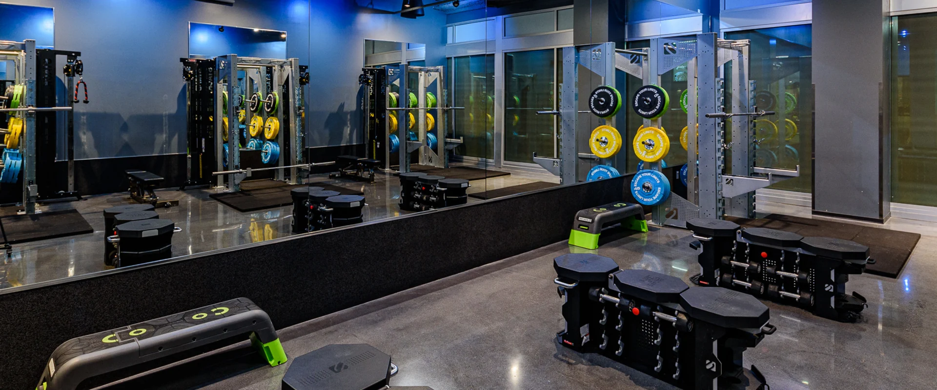 Free weights area at Gold’s Gym Long Beach, equipped for strength training. Dumbbells, weight benches, and squat racks are set against a mirrored wall, reflecting the gym’s sleek and modern design. Color-coded weight plates are neatly stored on racks, while functional training equipment like adjustable steps and multipurpose benches are arranged for dynamic workouts. The polished flooring and blue LED accent lighting add to the facility’s high-end atmosphere.