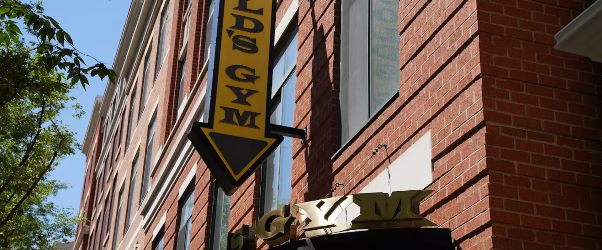 Vertical Gold’s Gym sign on red brick building exterior in Clarendon, Virginia.