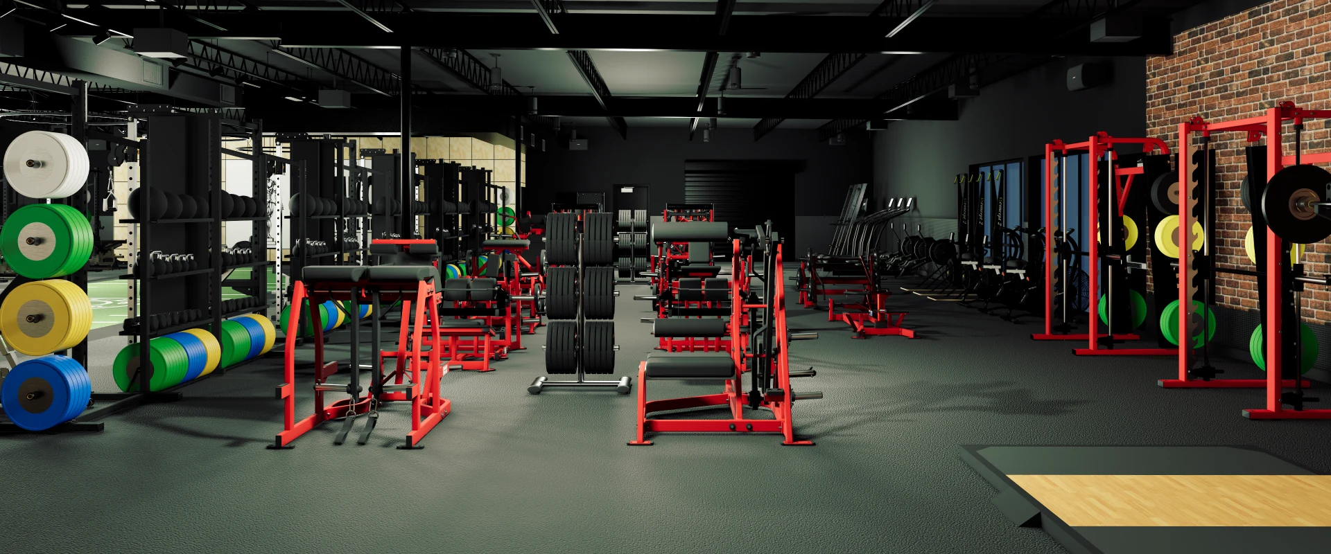 Leg training area at Gold's Gym Austin, Burnet Rd with red plate-loaded machines, squat racks, bumper plates, and turf sled lanes, framed by brick walls and black ceilings.