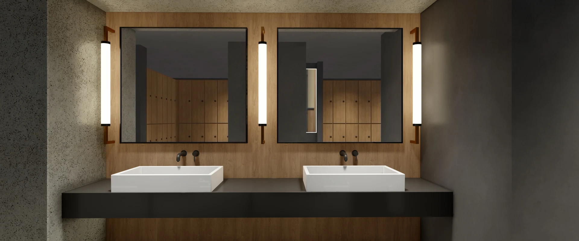 Rendering of the locker room at Gold’s Gym Los Angeles (Beverly Center), featuring a modern vanity area with two white rectangular sinks mounted on a black floating countertop. Two large mirrors are framed by vertical wall sconces, casting soft lighting. The wood-paneled wall behind the sinks extends into the locker area, where rows of wood-finished lockers with black handles are visible. The floor is covered in dark tiles, contrasting with the lighter tones of the wood and concrete-textured walls. This digital rendering previews the planned design for the upcoming location.
