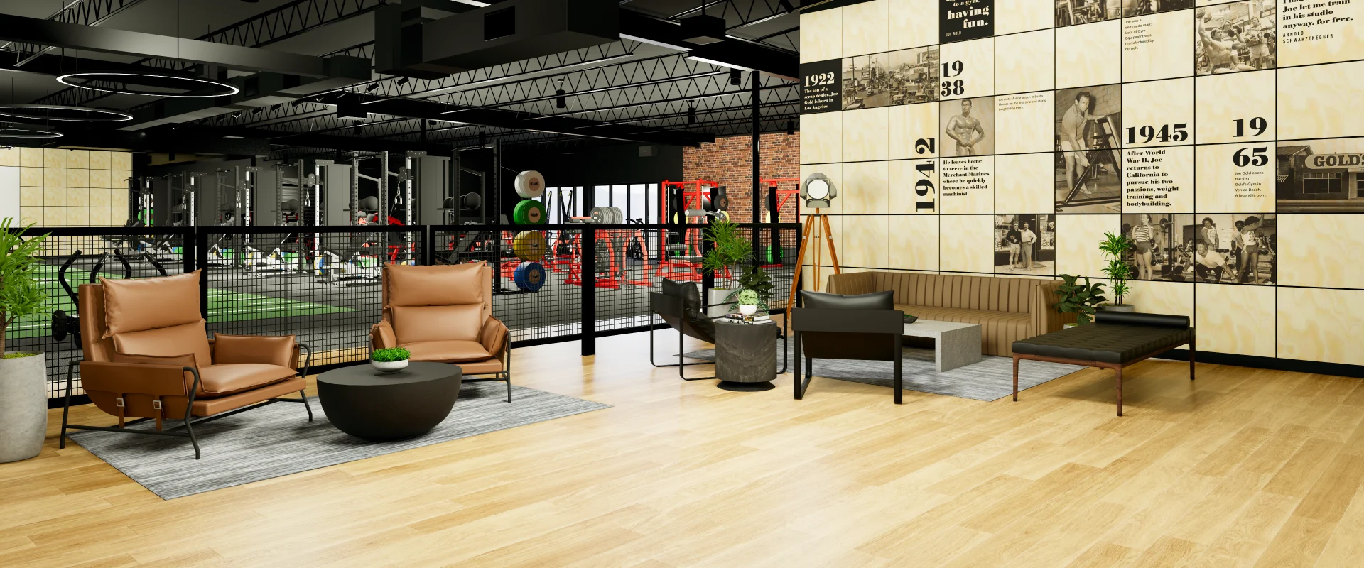 Modern member lounge at Gold's Gym Austin (Burnet Rd) featuring tan leather chairs, black accents, coffee tables, and a timeline history wall overlooking the gym floor.
