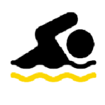 Icon of a person swimming with an arm extended, positioned above yellow wavy lines representing water, symbolizing a swimming pool or aquatic activities.
