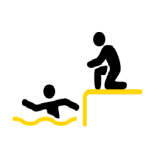 Icon of a person swimming in water and a person on the deck helping, with a yellow pool ladder, symbolizing swim lessons or aquatic instruction.