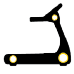 Icon of a treadmill represented in black with yellow circular accents on the base and joints, symbolizing cardio equipment or fitness facilities.