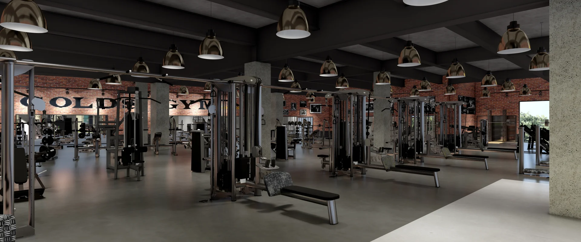 Rendering of the resistance machine area at Gold’s Gym Los Angeles (Beverly Center), featuring multiple resistance machines arranged in rows across the open floor. The space includes exposed brick walls with large "Gold’s Gym" lettering. Overhead pendant lights provide illumination, while concrete pillars separate different sections of the gym. Benches are placed throughout, and additional workout equipment is visible in the background. Large windows allow natural light to enter. This digital rendering previews the planned design for the upcoming location.