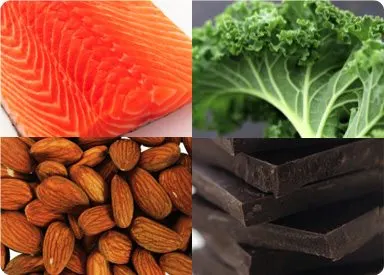 A collage of four images showing a salmon fillet, a bunch of kale, a pile of almonds, and a dark chocolate bar.