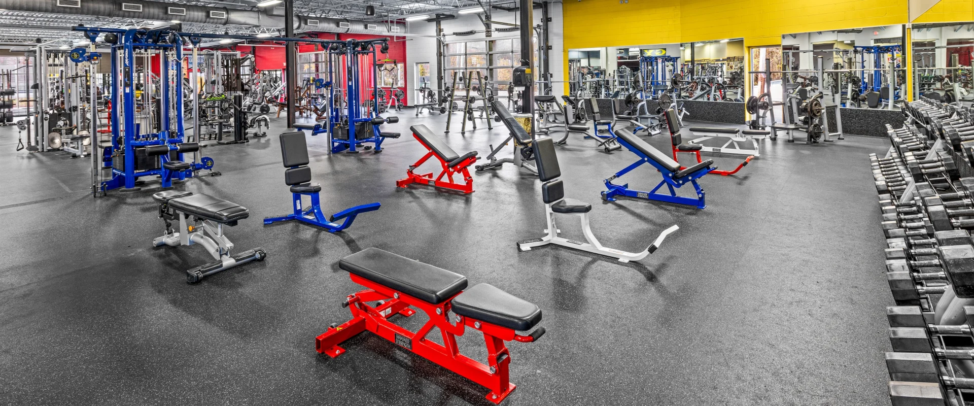 A line of benches in front of a dumbbell rack.