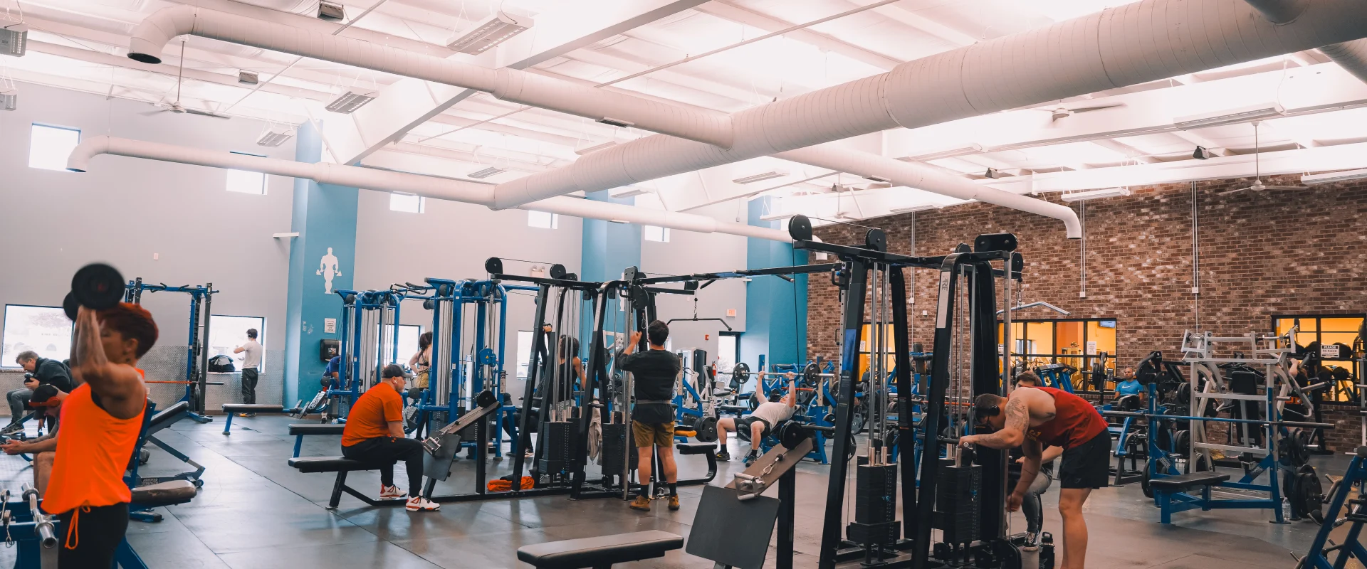 Plate-loaded free weight area at Gold’s Gym Tennessee, Clarksville, featuring various strength training machines and benches in a spacious gym section. The area has high ceilings with large white ducts, bright overhead lighting, and exposed brick walls. Blue and black exercise equipment is spread throughout, with gym-goers engaging in different workouts. Large windows allow natural light to enter, while a separate gym section is visible in the background.