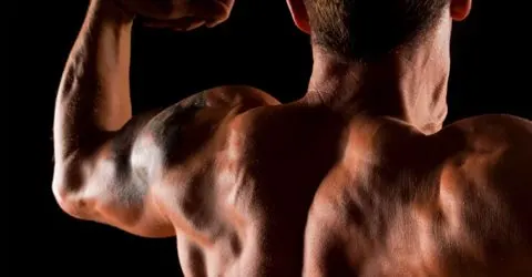 The image depicts the muscular, toned upper body of a person, with their arms raised in a powerful, athletic pose against a dark background.