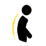 Icon showing a stylized black figure with a curved posture, accompanied by a yellow dotted line along the spine, symbolizing chiropractic care or spine-related services.