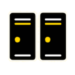 Icon depicting two black lockers side by side with yellow outlines, circular handles, and horizontal detailing, symbolizing a locker room or storage facility.