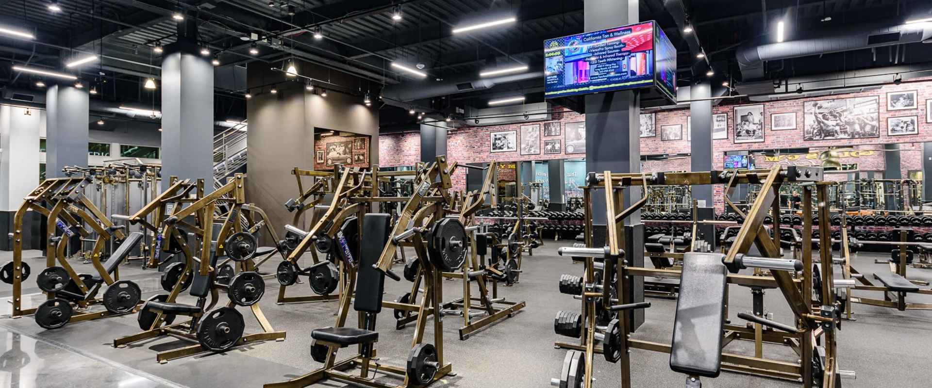 Strength training area at Gold’s Gym Long Beach, featuring a variety of plate-loaded machines designed for targeting different muscle groups. The equipment, finished in gold and black, provides a classic yet modern aesthetic. Large mirrors line the walls, reflecting the industrial-style design with exposed ceilings and brick accents. Overhead LED lighting ensures a well-lit workout environment, while mounted TVs provide entertainment and gym updates.