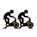 Icon of a two persons on stationary bikes represented in black with two yellow circles as wheels, symbolizing group cycling classes or spin sessions.