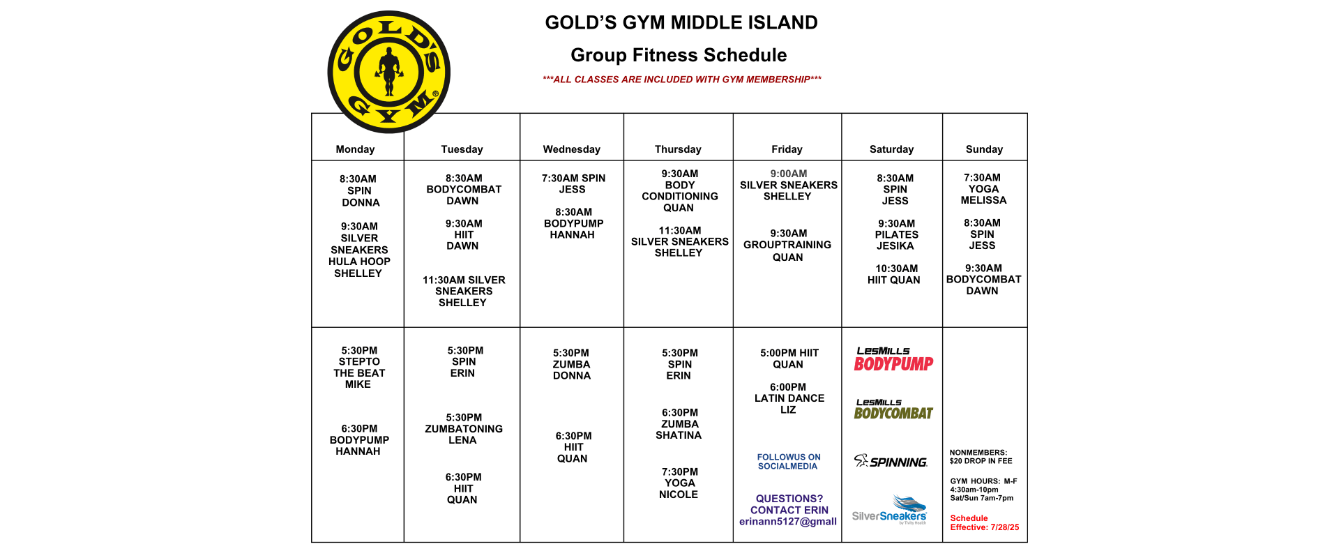 MiddleIsland, NY - Class Schedule