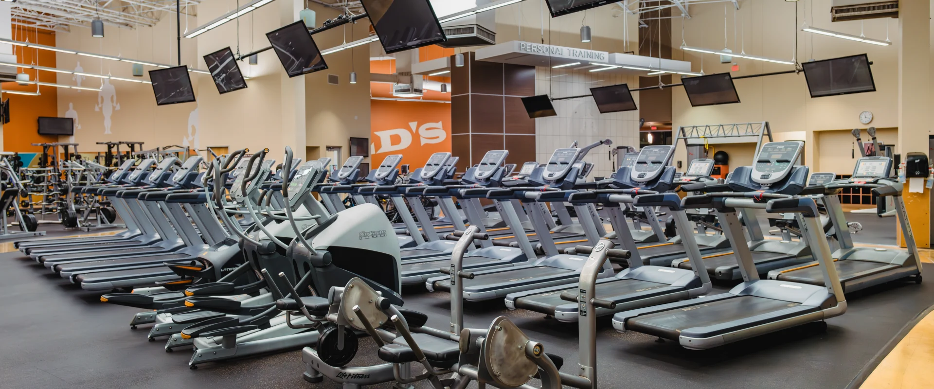 Rows of treadmills and elliptical machines at Gold’s Gym Austin (Anderson Arbor) arranged under ceiling-mounted TVs and bright overhead lights. The spacious room features a polished black floor, high ceilings, and beige walls with fitness-themed silhouettes.
