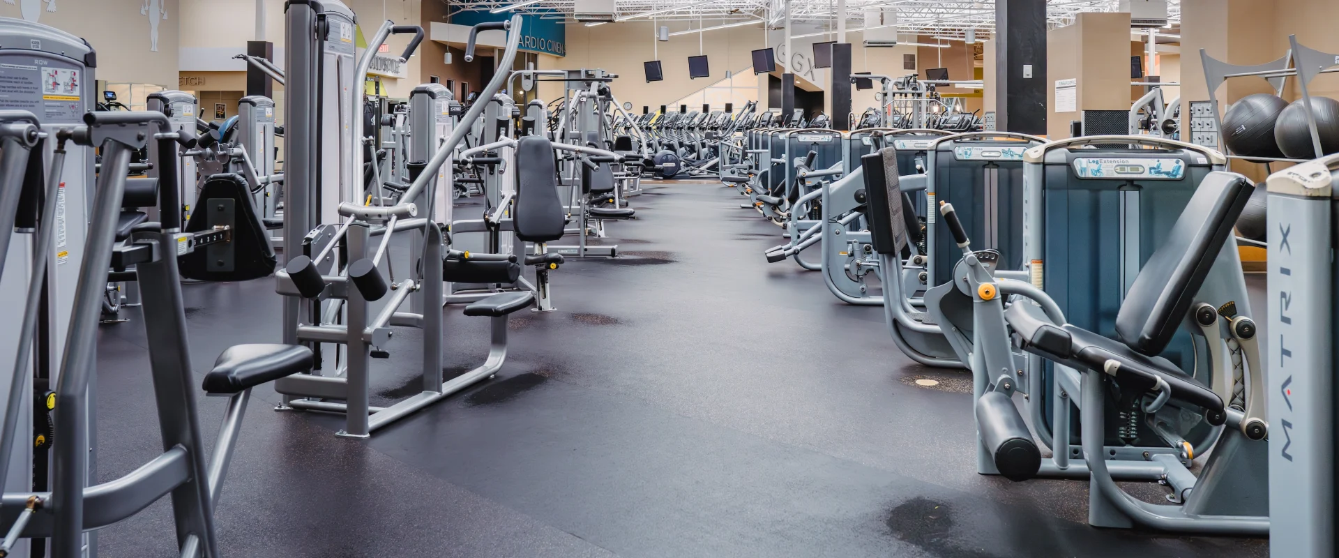 Spacious gym with a variety of exercise machines, including ellipticals and bikes, under bright ceiling lights. The atmosphere is organized and clean.