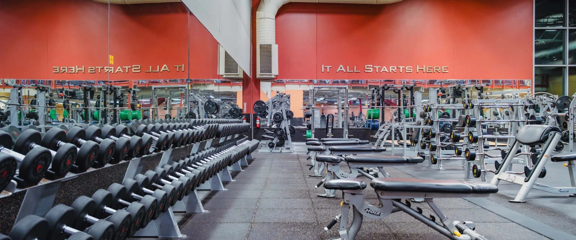 Gold's Gym Fiesta Trail with a row of dumbbells on the left, various weightlifting equipment, and benches on the right. A red wall displays "It All Starts Here."