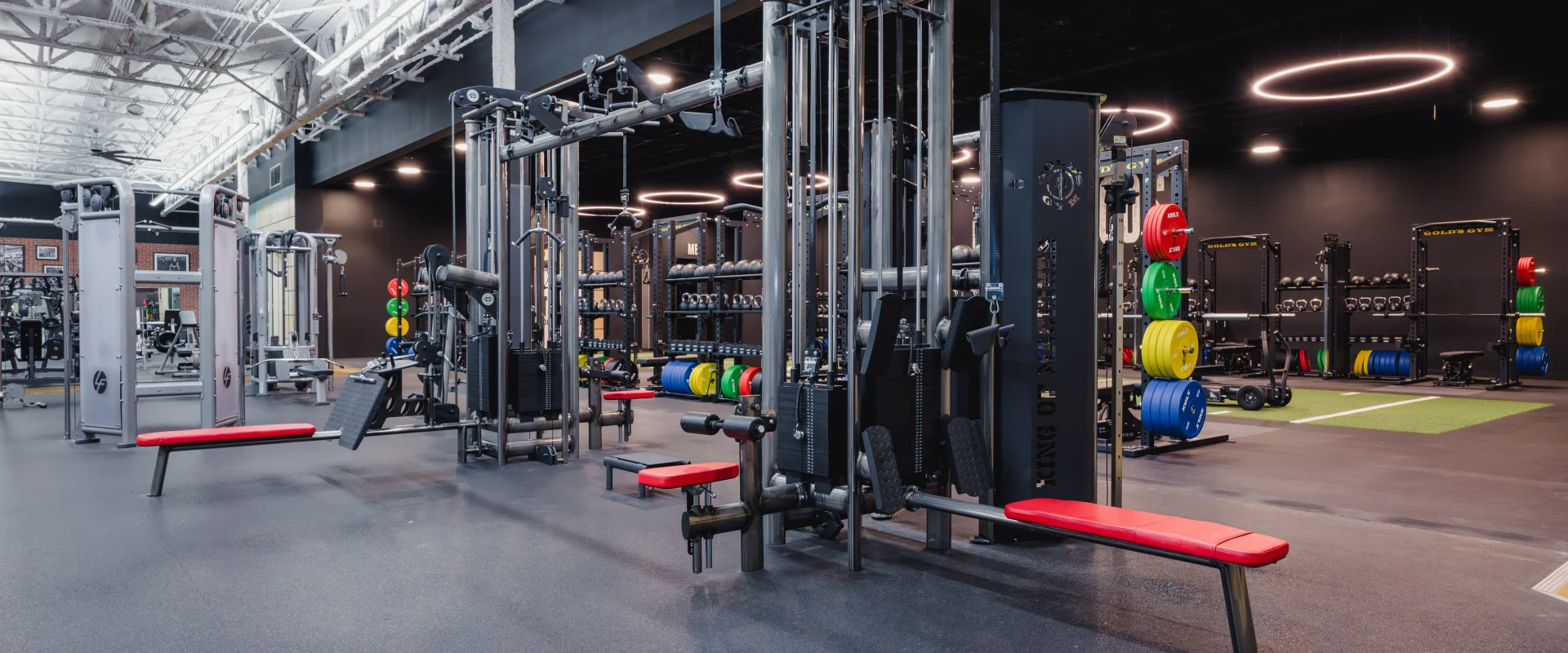 A modern gym setup featuring high-quality resistance machines and vibrant weight plates, arranged in a spacious, well-lit workout area with turf in the background.