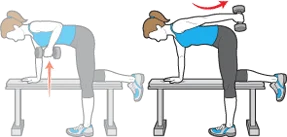 The image depicts two people performing a physical exercise or stretch on a bench, with one person assisting the other.