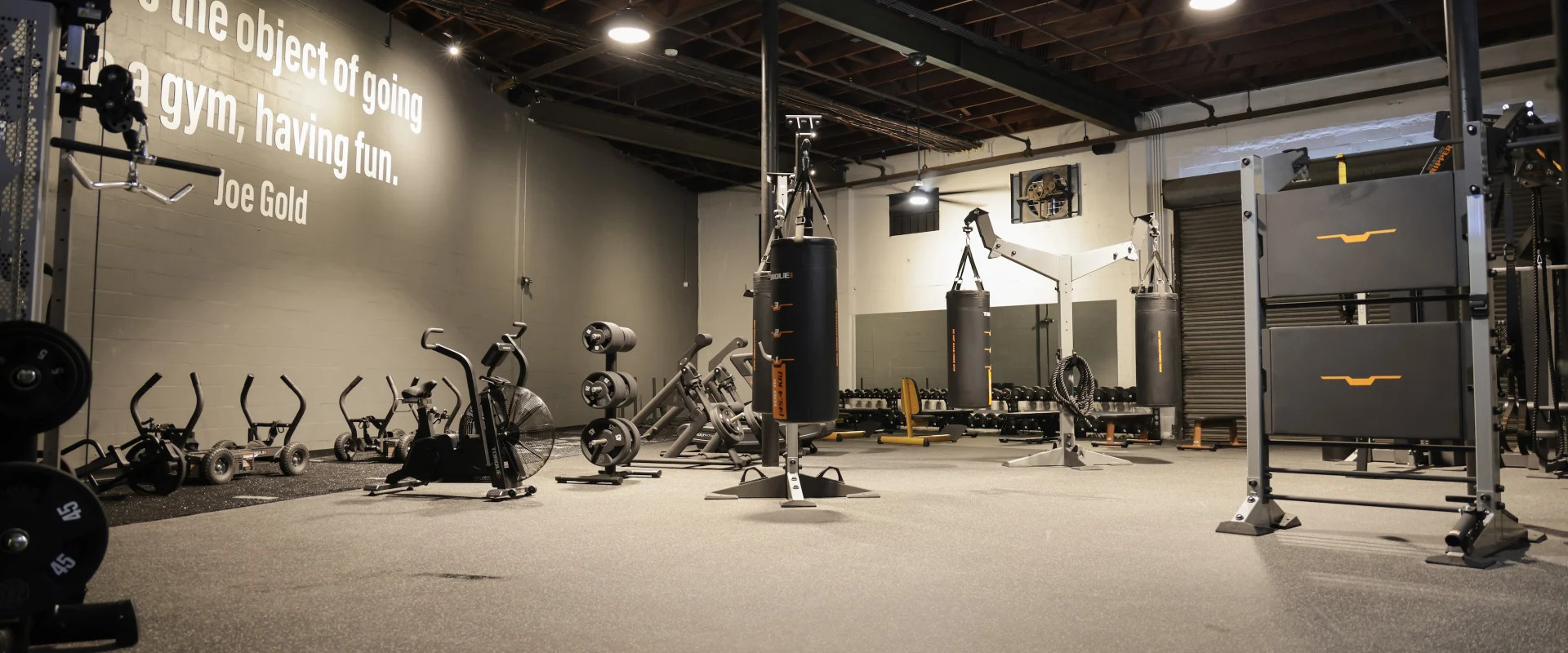 Functional training space at Gold’s Gym (Gas Worx) featuring turf, boxing bags, and fitness equipment.