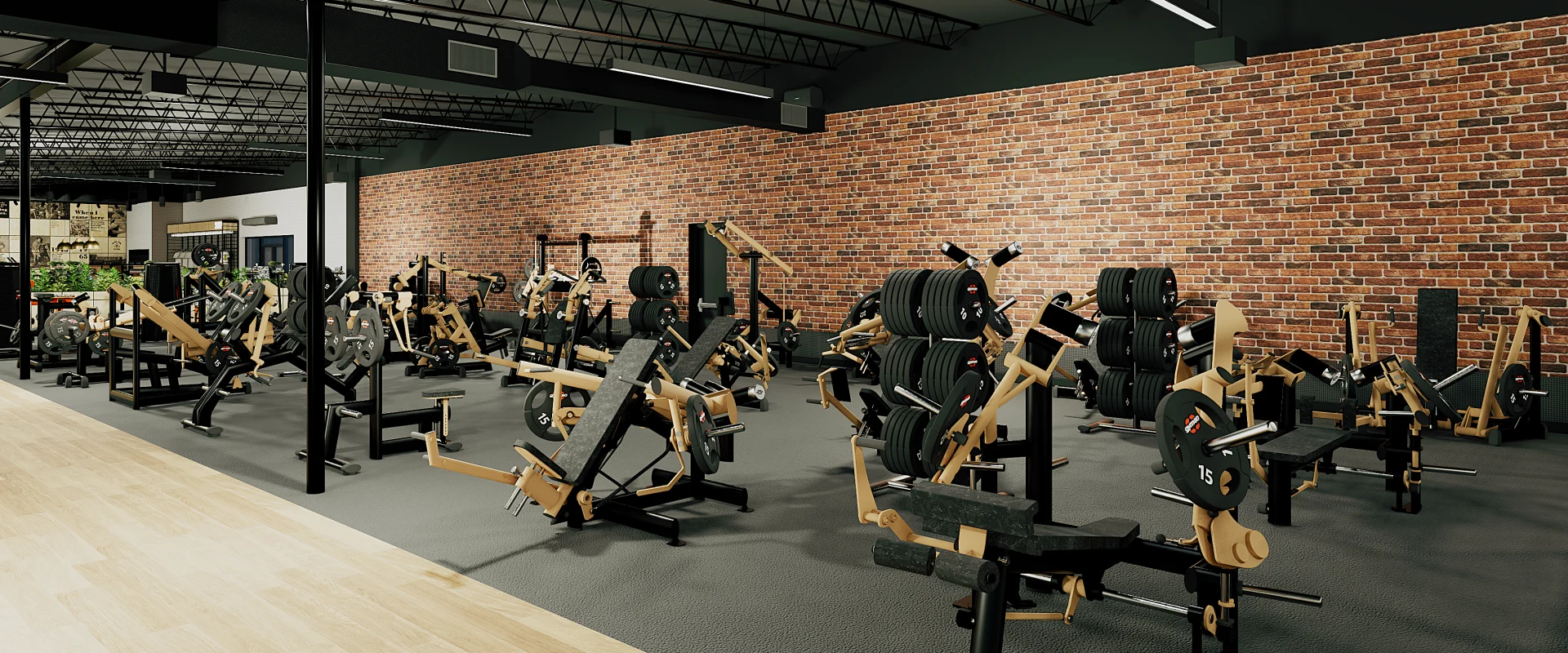 Plate-loaded machine area at Gold's Gym Austin (Burnet Rd) featuring black and gold strength equipment, exposed brick walls, and full-body training stations.