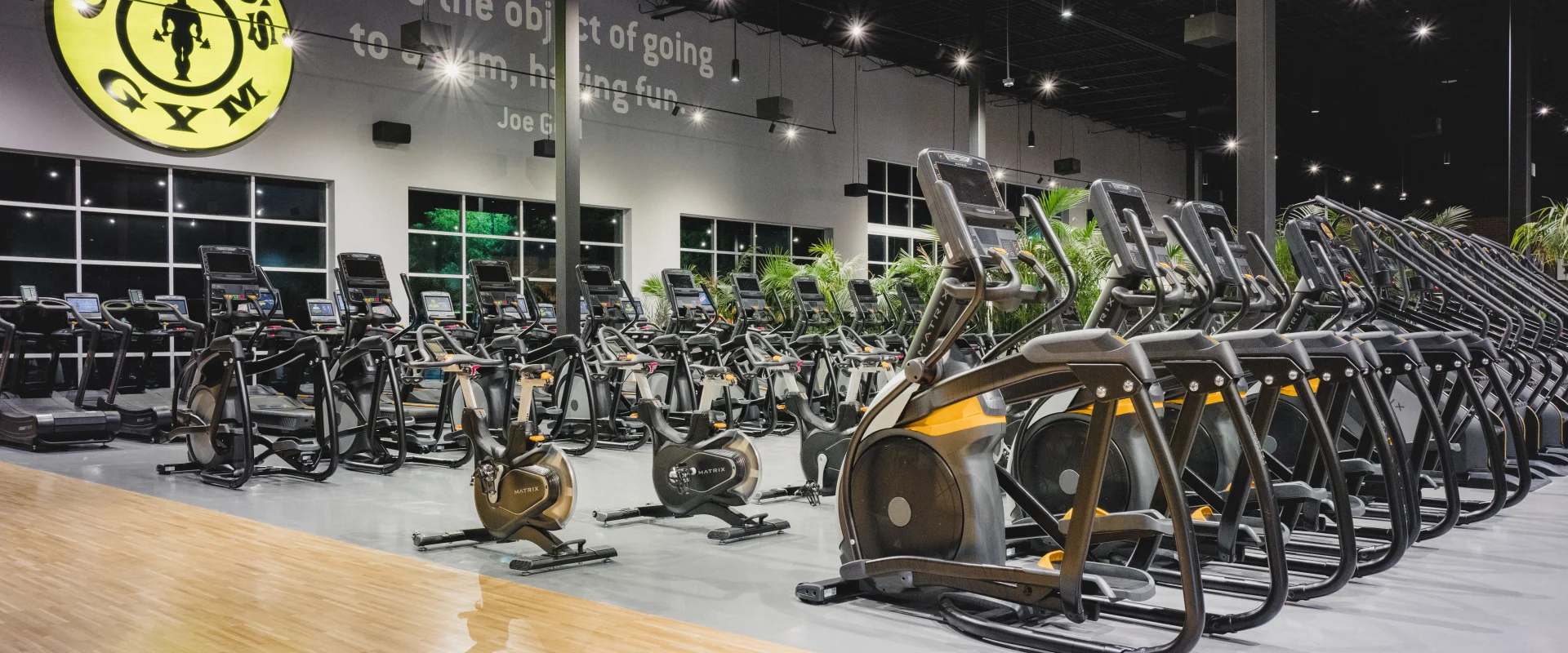 Cardio area at Gold's Gym Little Elm, featuring rows of elliptical machines, stationary bikes, and treadmills arranged on a polished gray floor. A glowing Gold's Gym logo and a motivational quote are displayed on the wall above large windows, with greenery visible in the background. Bright lighting and sleek design create a vibrant workout space.