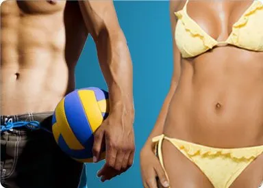 The image depicts a volleyball player in a yellow bikini holding a volleyball, with a blue background.